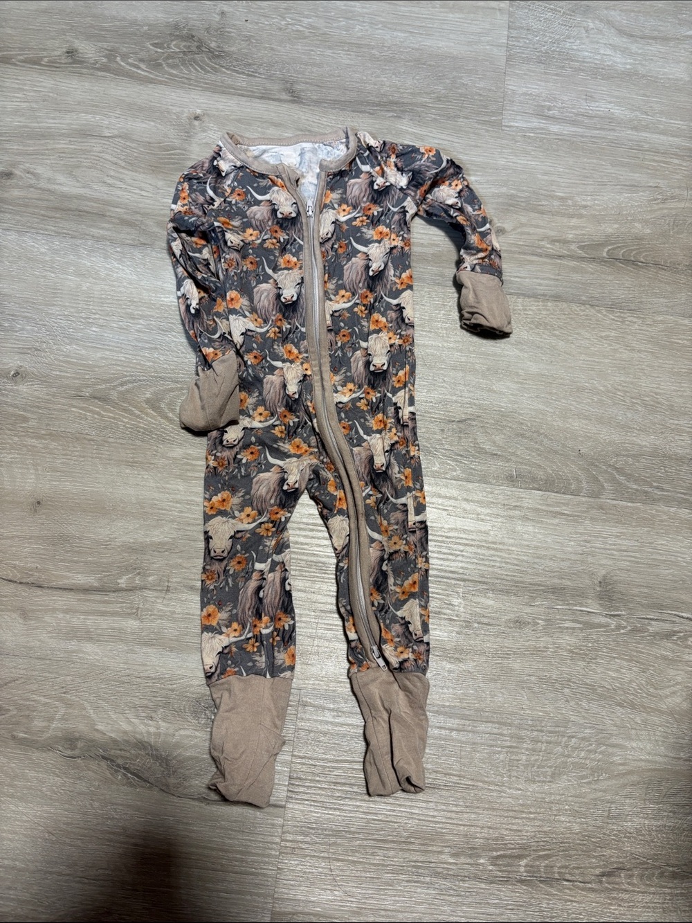 Moizing Bamboo Floral Animal Footie Pajamas in Gray and Tan - Kids One-Piece